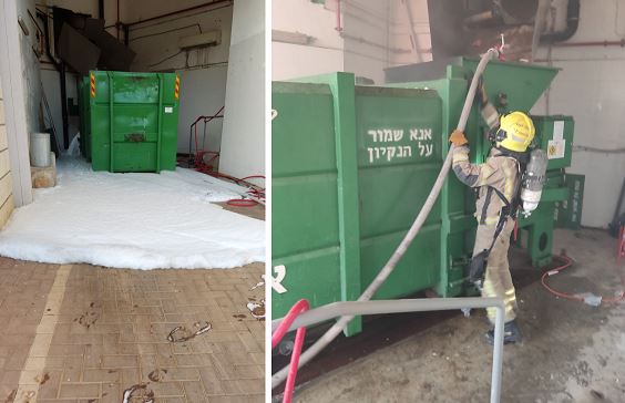 דחסן אשפה עלה באש בבניין ברחוב הדודאים בחדרה